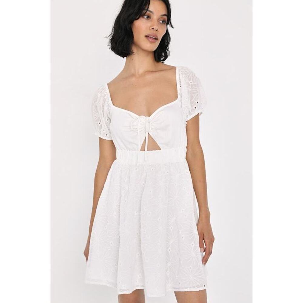 Lulus Excuse To Flirt White Floral Embroidered Puff Sleeve Mini Dress - Size S